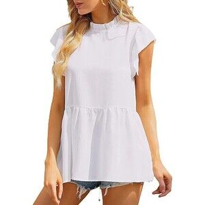 Women's Solid Peplum Top Mock Neck Cap Sleeve Pleated T Shirt White Small